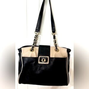 Franco Sarto Soft Leather with Chain, Creamy Tan and Black, Purse Tote